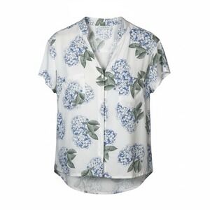 Piyama Top Medium Blue Hydrangeas Pajama Top Button Down Shirt White Blue Women